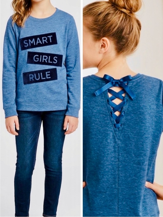 Place Other - PLACE Girls Blue Sweatshirt w Velvet 'Smart Girls Rule' Graphic & Lace-Up Back